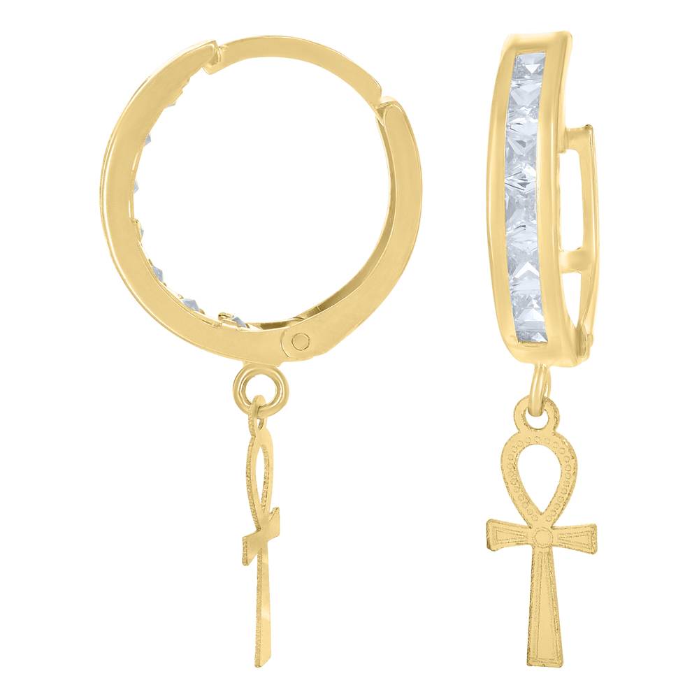 10kt 10k Yellow Gold Mens Cubic-Zirconia Ankh Cross Dangle Hoop Earrings